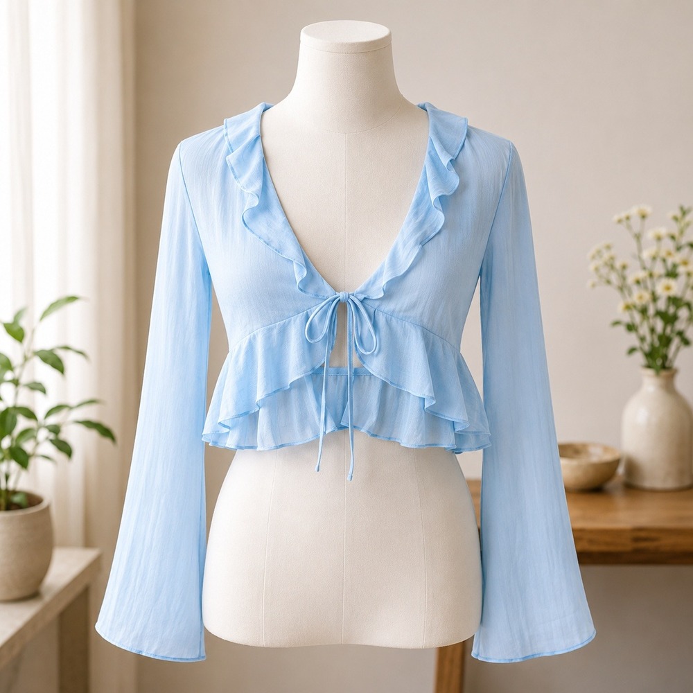 NWT Abound Tie Front Ruffle Crop Top Womens XS Light Blue Bell Sleeve Sheer